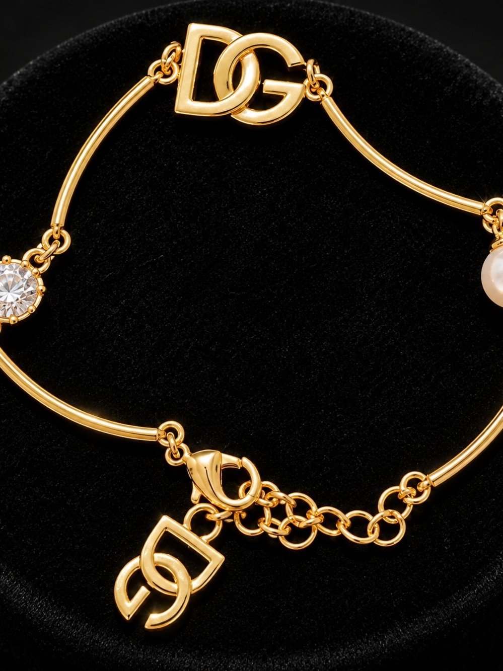 Dolce & Gabbana Gold-Tone Logo Charm Bracelet with Crystal and Pearl Accents